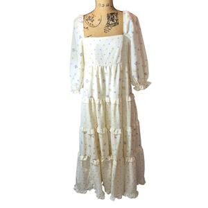 NEW Sweet En Forme Cottage-Core Floral Prairie Maxi Dress Tiered Ruffle Floral L
